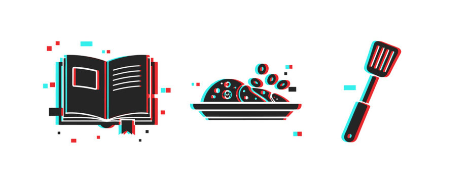 Open recipe book plate of food and spatula icons on white background. Glitch effect