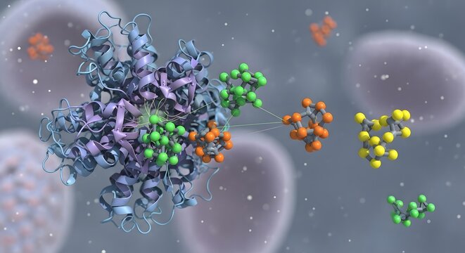 3d render of a protein complex interacting with molecular clusters in a cellular environment