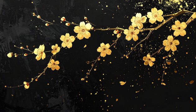 黒背景に枝垂れる金の桜一枝の墨絵背景素材
