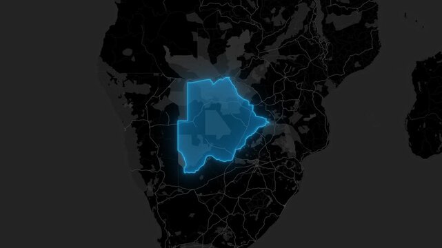 Stylized Blue Neon Glow Map Zoom In Animation on Dark Digital Background - Botswana