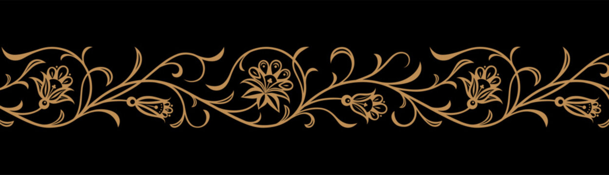 Vintage openwork seamless border pattern in russian traditional style. Golden climbing flower. Fine narrow ornament of leaves and flowers on black background	