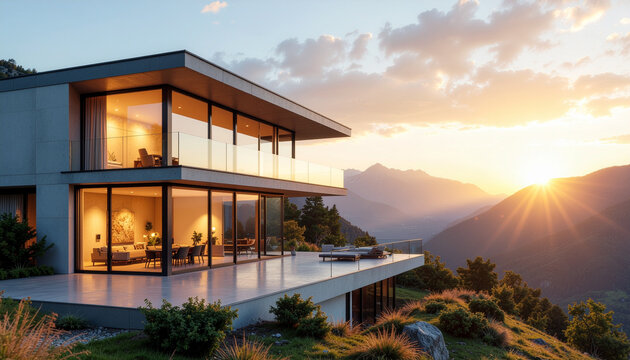 Modern house with mountain view at sunset