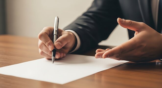 Businessman's hands writing on an important document