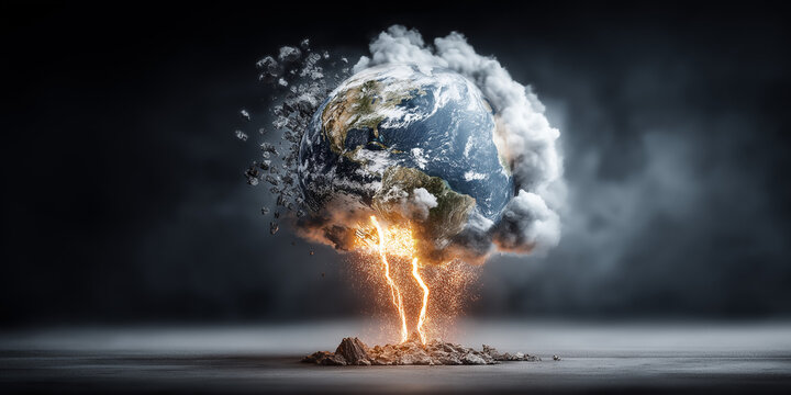 Earth exploding with lightning and smoke