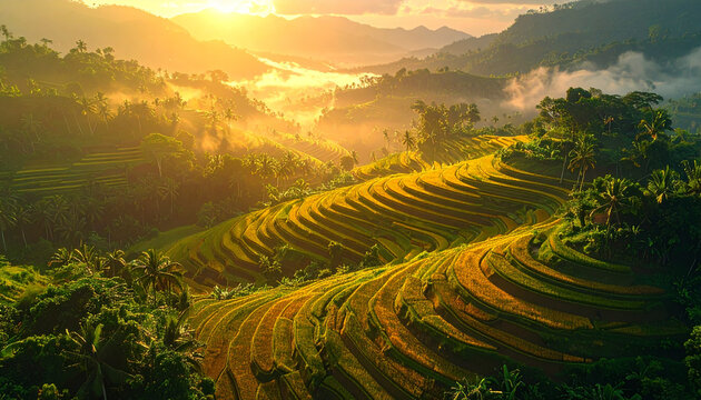 Sunlit mountain landscape with terraced fields