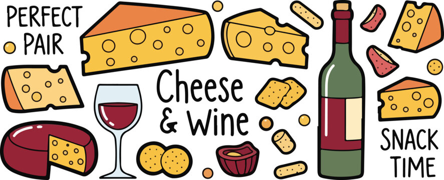 Cheese and Wine Pairing Gourmet Snack, Illustration Doodle Cartoon Collection