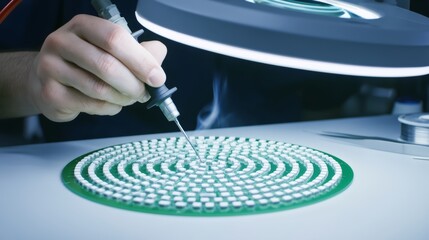 Obraz premium A factory worker soldering LED diodes onto a circular PCB ring light.