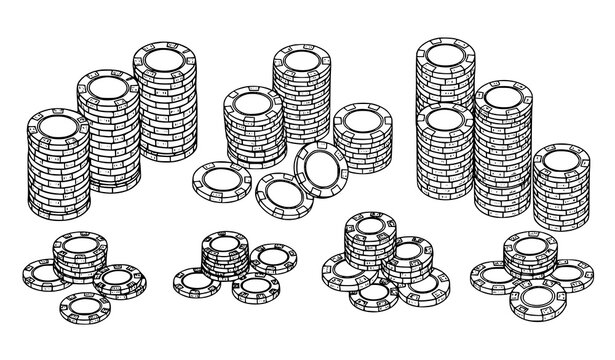 Hand drawn isometric casino chips stack sketch style poker gambling vector illustration set