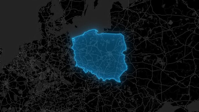 Stylized Blue Neon Glow Map Zoom In Animation on Dark Digital Background - Poland