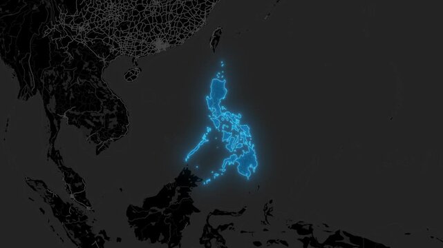 Stylized Blue Neon Glow Map Zoom In Animation on Dark Digital Background - Philippines
