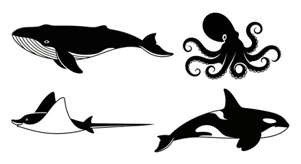 Obraz premium Marine Animals Silhouettes Set: Whale, Octopus, Manta Ray, and Orca Icons