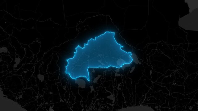 Stylized Blue Neon Glow Map Zoom In Animation on Dark Digital Background - Burkina Faso