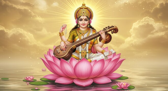 Goddess Saraswati seated on a pink lotus with sun rays and clouds background Hindu deity