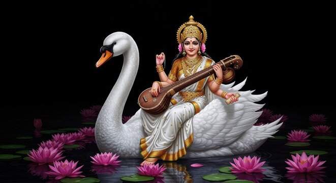 Goddess Saraswati seated on a swan amidst pink lotuses on dark water Hindu deity