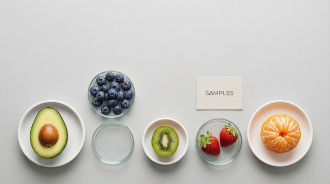 Fruit samples for testing and analysis on a white table at a food processing facility