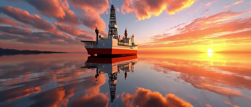Seagoing Drilling Rig at Sunset: A majestic offshore drilling rig floats serenely on the water surface, mirroring the vibrant colors of the sunset, symbolizing energy and exploration.