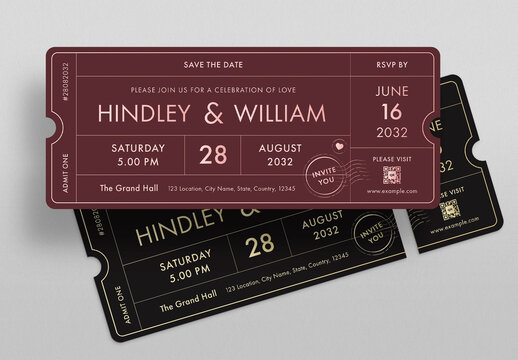 Wedding Ticket Invitation Template, Save The Date Card, RSVP Pass, Event Admit One Ticket