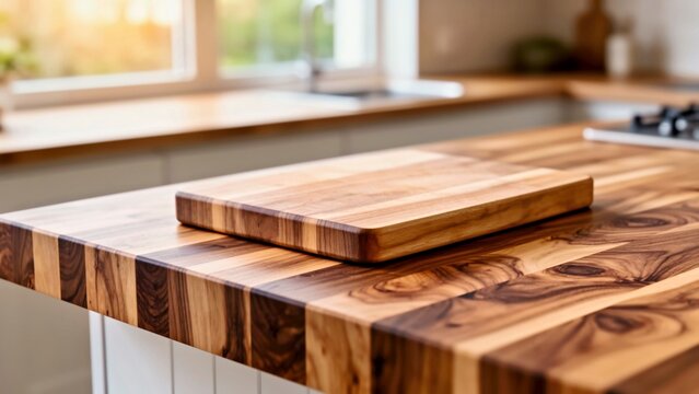 An empty end-grain wooden cutting board resting on a butcher block countertop in a sunlit kitchen, evoking culinary preparation and minimalist interior design concepts.