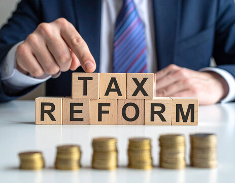 Tax Reform - Geschäftsmann zeigt auf das Wort "Tax Reform"