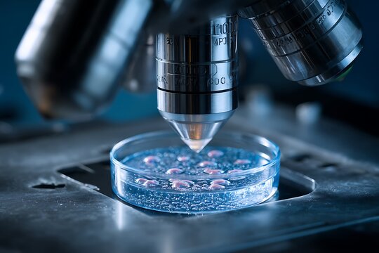 A patient-specific cancer organoid grown in a lab, used for testing personalized drug treatments, under a microscope 