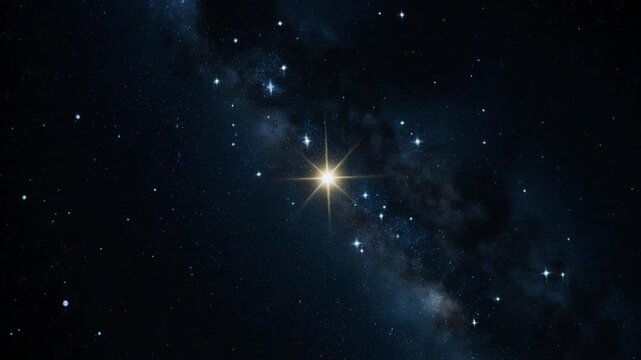Dark night sky background featuring a bright North Star or Polaris with prominent diffraction spikes positioned against the Milky Way galaxy and a dense field of distant glowing stars.
