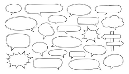 Fototapeta premium Hand Drawn Speech Bubble Set with Arrow Sign – Black Outline Comic Dialogue Elements Vector Style