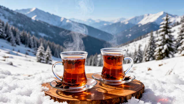 Steaming Turkish Tea Glasses on Wooden Slice Resting in Snowy Ayder Plateau Winter Landscape Representing Warmth and Cozy Comfort