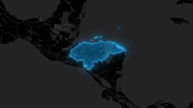 Stylized Blue Neon Glow Map Zoom In Animation on Dark Digital Background - Honduras