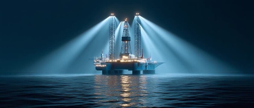 Illuminated Offshore Rig: A powerful offshore rig, bathed in the glow of spotlights, stands proudly upon the vast ocean, ready to unlock the resources from the depths.