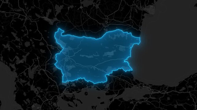 Stylized Blue Neon Glow Map Zoom In Animation on Dark Digital Background - Bulgaria