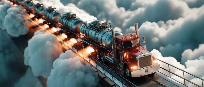 Skybound Haul: A colossal semi-truck carrying multiple tanks traverses a sky bridge, navigating through a sea of clouds, offering a surreal view of industry meeting ethereal beauty.