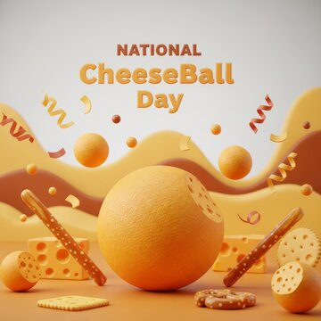 Festive National Cheeseball Day 3D illustration with confetti and cheese snacks