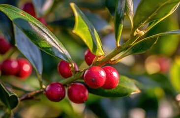 Obraz premium Bright red holly berries and glossy green leaves under sunlight