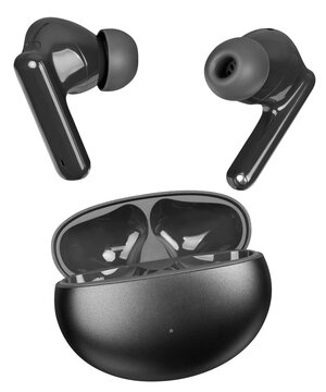 black wireless earphones with case. Headphones isolated.