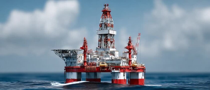 Offshore Oil Rig at Sea: A towering offshore oil rig stands tall amidst the vast expanse of the ocean. The structure is a symbol of industry and energy production.