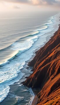 Ocean swells curve along a remote Peruvian coastline, offering world-class surfing waves, surf,  Peru