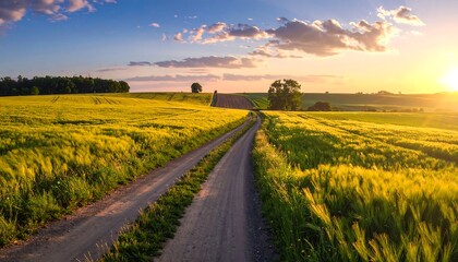 Fototapeta premium A serene landscape of a dirt road cutting through a vibrant yellow field under a sunset sky