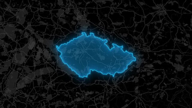 Stylized Blue Neon Glow Map Zoom In Animation on Dark Digital Background - Czech Republic