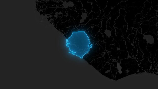 Stylized Blue Neon Glow Map Zoom In Animation on Dark Digital Background - Sierra Leone