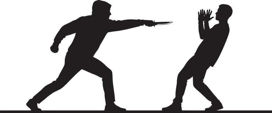 Powerful silhouette depicting a knife-wielding attacker confronting a fearful individual, symbolizing assault, self-defense, crime, and the widespread fear of violence