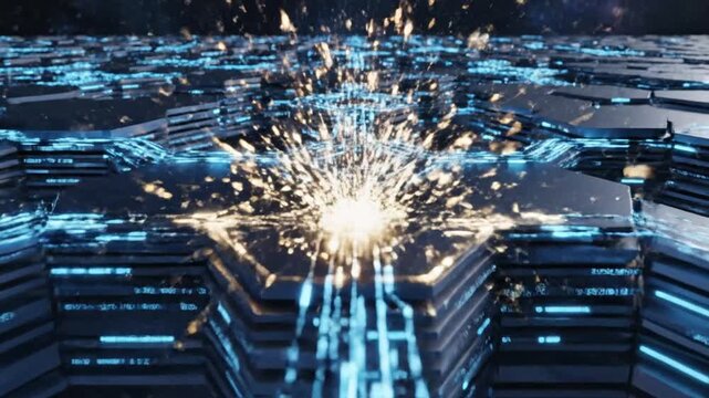 Futuristic Hexagonal Grid with Glowing Blue Circuits in Outer Space