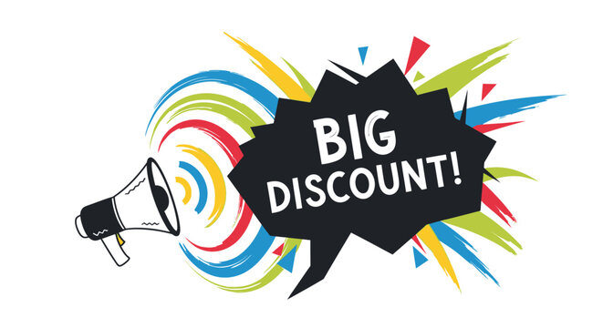 Megaphone Announcing Big Discount with Colorful Explosions and Abstract Shapes