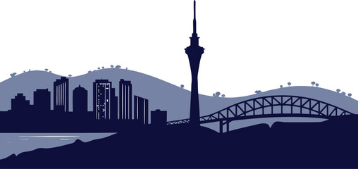 Obraz premium A dramatic Auckland harbour vector silhouette. Features the Sky Tower piercing the night sky, nestled between the harbour bridge and the rolling volcanic hills.