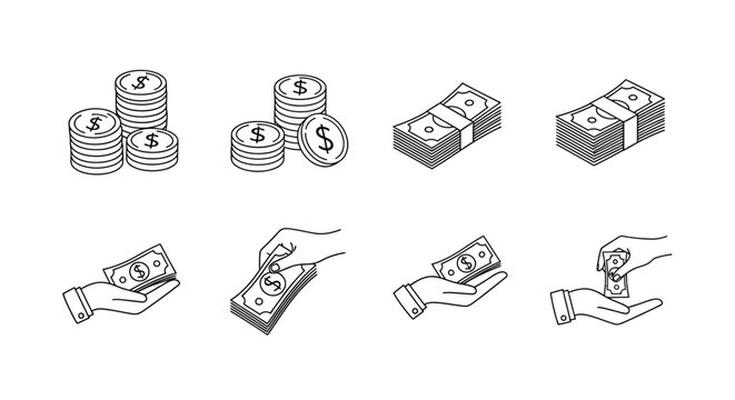 Financial transactions and currency exchange a collection of line art illustrations depicting money and payments