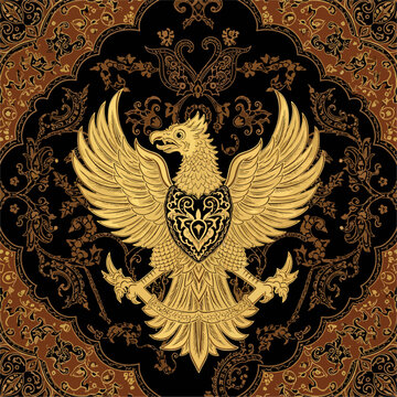Golden Garuda Pancasila illustration with ornate batik background symbolizing Indonesian national emblem