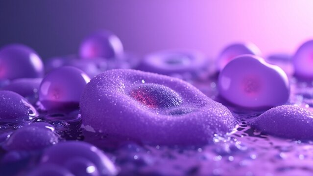 Macro View of Glowing Purple Cells and Floating Micro Particles in Water