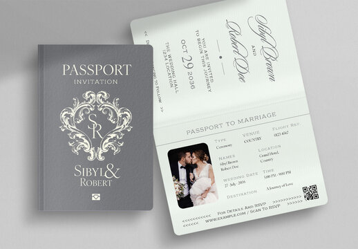 Passport Wedding Invitation Template, travel theme RSVP card, destination marriage invite set