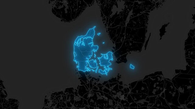 Stylized Blue Neon Glow Map Zoom In Animation on Dark Digital Background - Denmark