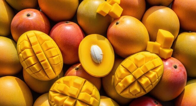 Vibrant mango fruits and playful mango-shaped toys arranged together for a fun and colorful display. Mango fruits in various hues complement creative mango-themed decor.