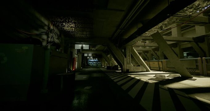 high contrast service corridor under beam light and deep floor reflections. cinematic escape route vibe with glowing doorway and stairwell, scuffed treads